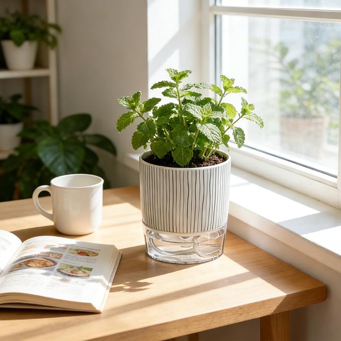 Self Watering Pots for Indoor Plants, 4 and 5.3 Inch, Plastic, Black Stripes, Round, Modern, Tabletop