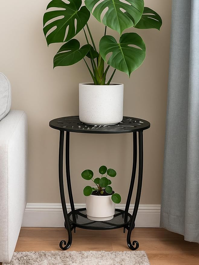 2-Tier Metal Round Side Table Black Accent Coffee Tables Small Space Corner Plant Stand Shelf for Indoor Outdoor Porch Patio Balcony Living Room End Table with Storage, Rust-Proof
