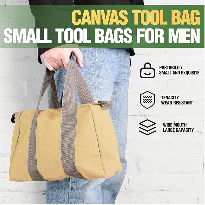 Small Tool Bag, Canvas Tool Storage Bag, Large Capacity Multipurpose Zipper Soft Tote Organizer Pouch for Electrician, Plumbing, Gardening,Tools Bags for Men (Khaki, 18 Inch)