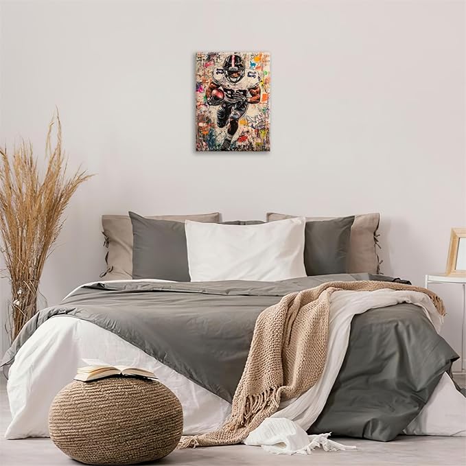 Graffiti Football Wall Art, Banksy American Football Pictures Wall Decor, Rugby Sports Canvas Prints Painting, Sport Poster Framed Artwork for Boys Room Bedroom Bathroom Living Room Office 24"X20"