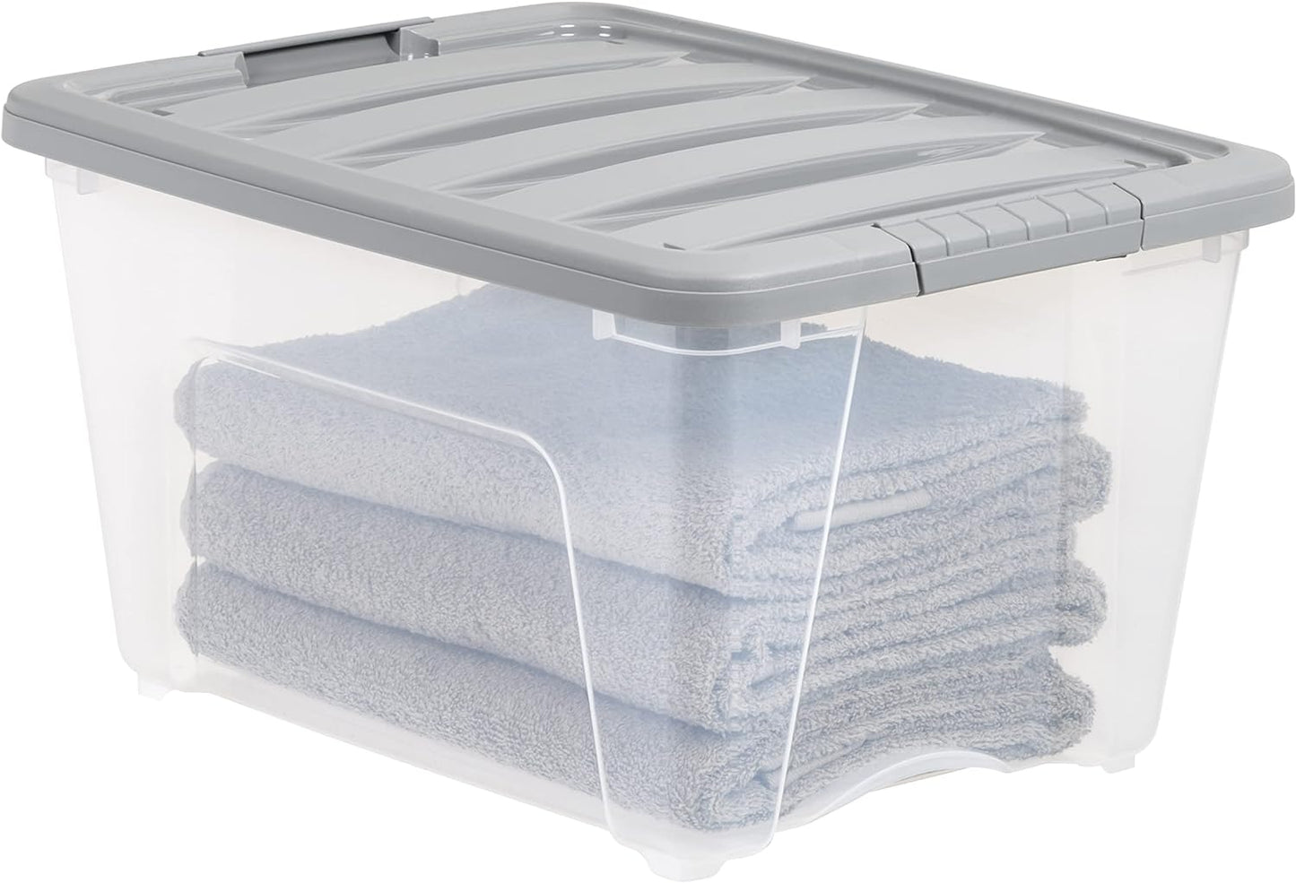 Amazon Basics Plastic Storage Containers with Secure Latching Lids, Stackable Organization Bins, 32 Quart, Set of 6, Clear/Grey