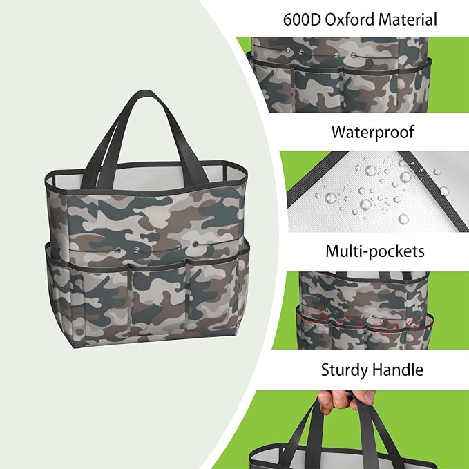 Green Camo Garden Tool Bag - Waterproof Garden Tote with 8 Pockets, Large Storage Home Organizer Gardening Tool Oxford Bag for Garden Tools Kits Holder, Ideal Outdoor Gardening Gift for Women & Men