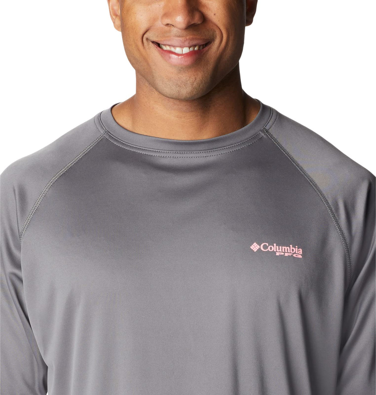 Columbia Men's Terminal Tackle Long Sleeve Fishing Shirt, City Grey/Pink Pop Logo, Large
