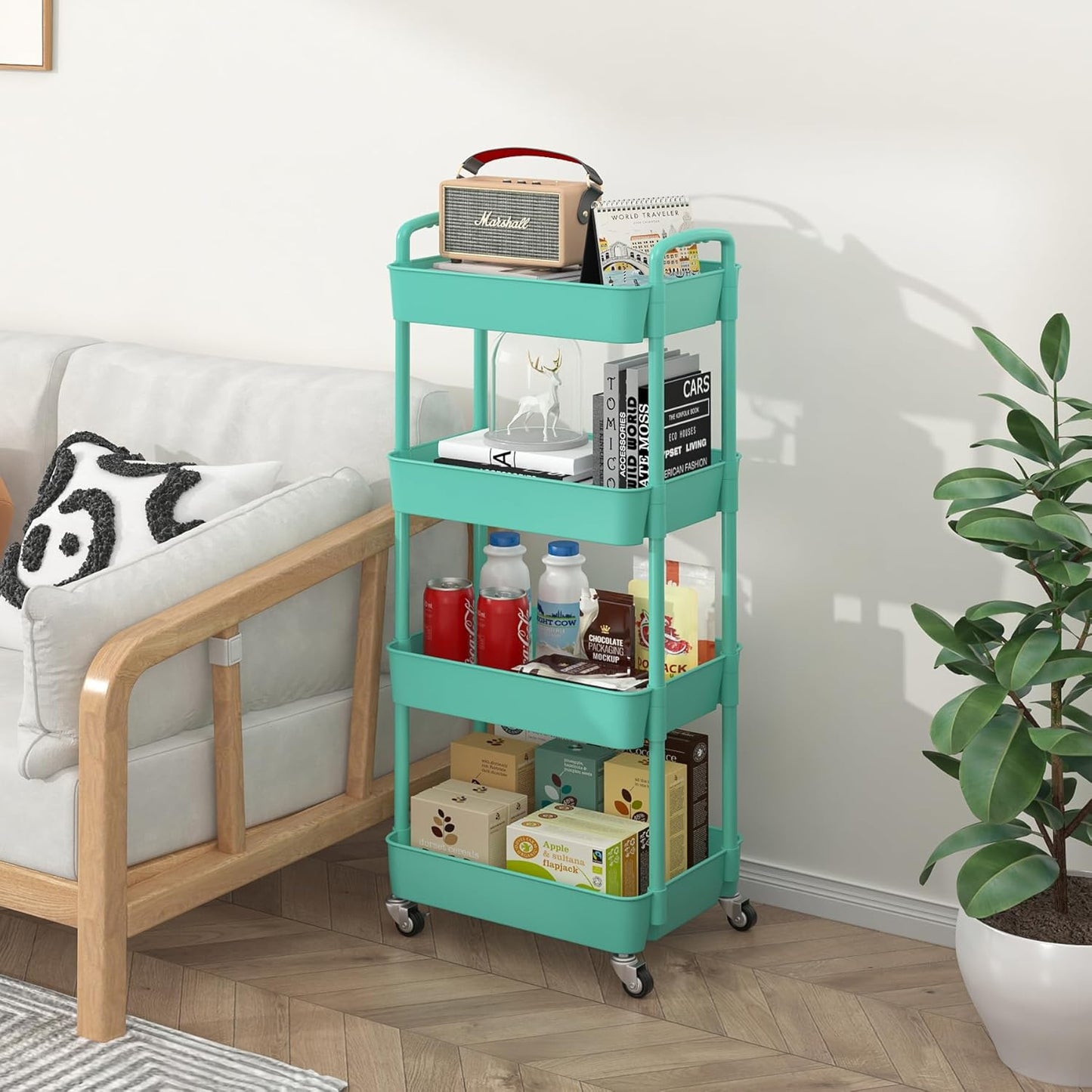 Sywhitta 4-Tier Plastic Rolling Utility Cart with Handle, Multi-Functional Storage Trolley for Office, Living Room, Kitchen, Movable Storage Organizer with Wheels, Green