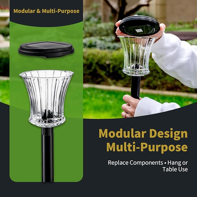 Glass Solar Pathway Lights Outdoor Waterproof, Decor Landscape Lighting with Modular Design, 3000K LED, Auto On/Off Solar Stake Light for Yard Garden Driveway Walkway Lawn, Warm White (6 Pack)