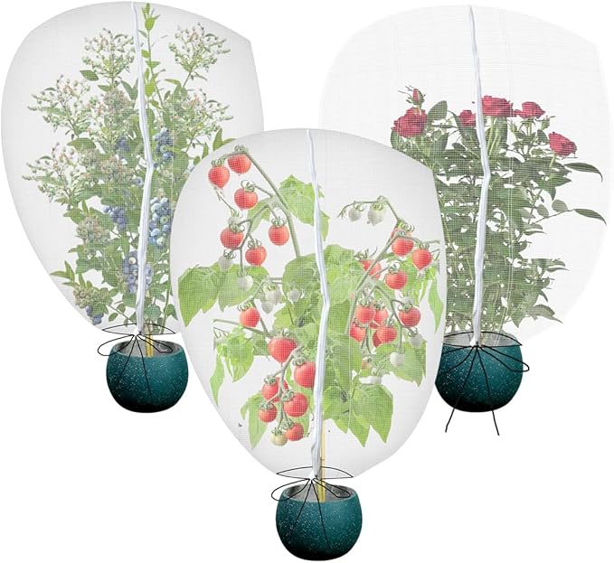 Gardtree 3PCS 2.2 x 3.2 FT Small Garden Plant Netting Covers with Double Zipper & Drawstring – Potted Plant Mesh Cover for Strawberries, Herbs & Flowers – Reusable Anti-Squirrel Barrier