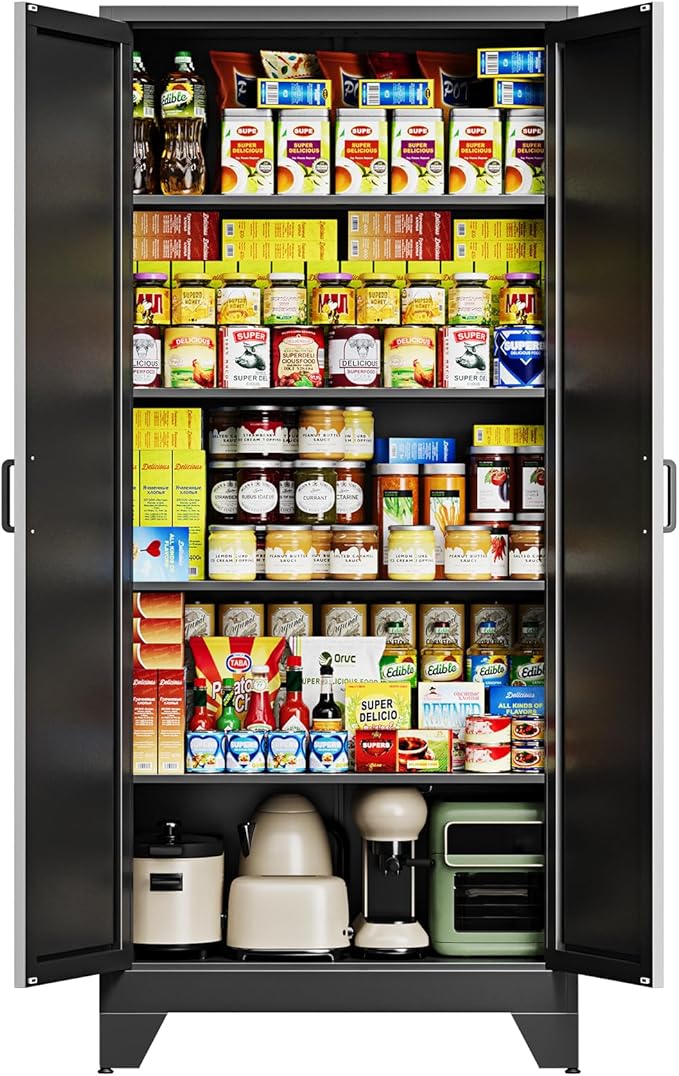 Letaya 75" H Metal Storage Cabinet with 2 Doors and 4 Shelves,Tall Kitchen Pantry Cabinets,Farmhouse Utility Pantry Organizers for Cupboard/Dining/Bathroom/Home Office/Garage Room,Black