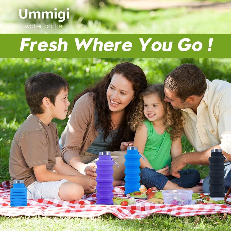 Ummigi Collapsible Water Bottles，17oz Large capacity Silicone Water Bottle with Carabiner，Reusable Foldable Lightweight Sports Water Bottle for Travel Gym Camping Hiking (Blue + Purple)