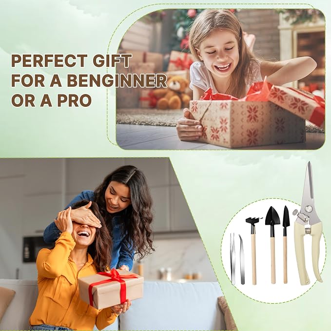 Frienda 7 Pcs Bonsai Tree Kit Garden Bonsai Tools Set Includes Pruning Shears, Mini Rake, Flat Tip Shovel, Pointed Shovel, Spade, Tweezers Gardening Accessories Gift for Beginner Mother Women Men