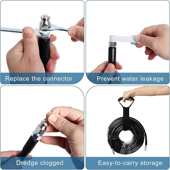 200FT Sewer Jetter Kit for Pressure Washer, 5800PSI Drain Cleaner Hose 1/4 Inch NPT Corner with 4 Sewer Jetting Nozzles，Waterproof Tape，Pearl Corsage Pin，Handle Strap & 2 Spanners (Black)