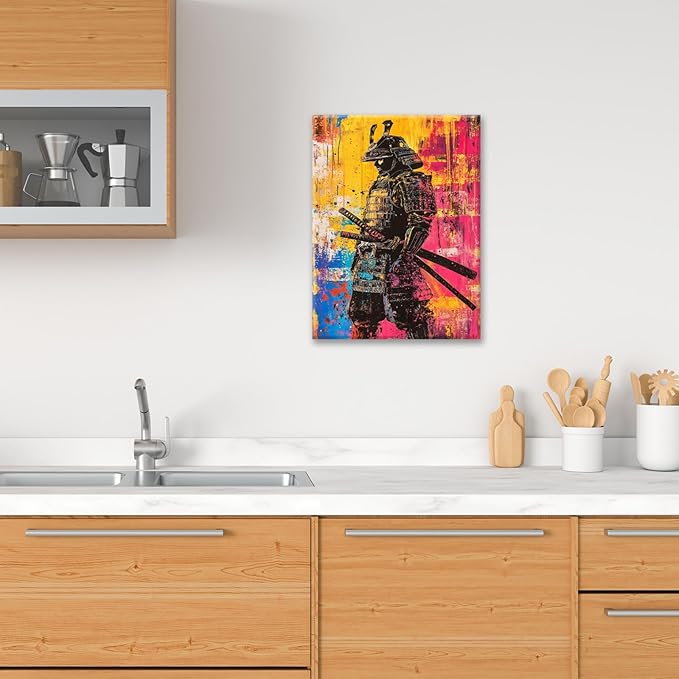 Japanese Wall Art, Graffiti Samurai Pictures Wall Decor, Banksy Samurai Canvas Prints, Japan Painting, Framed Artwork for Bathroom Living Room Bedroom Office Dining Room 24"X20"