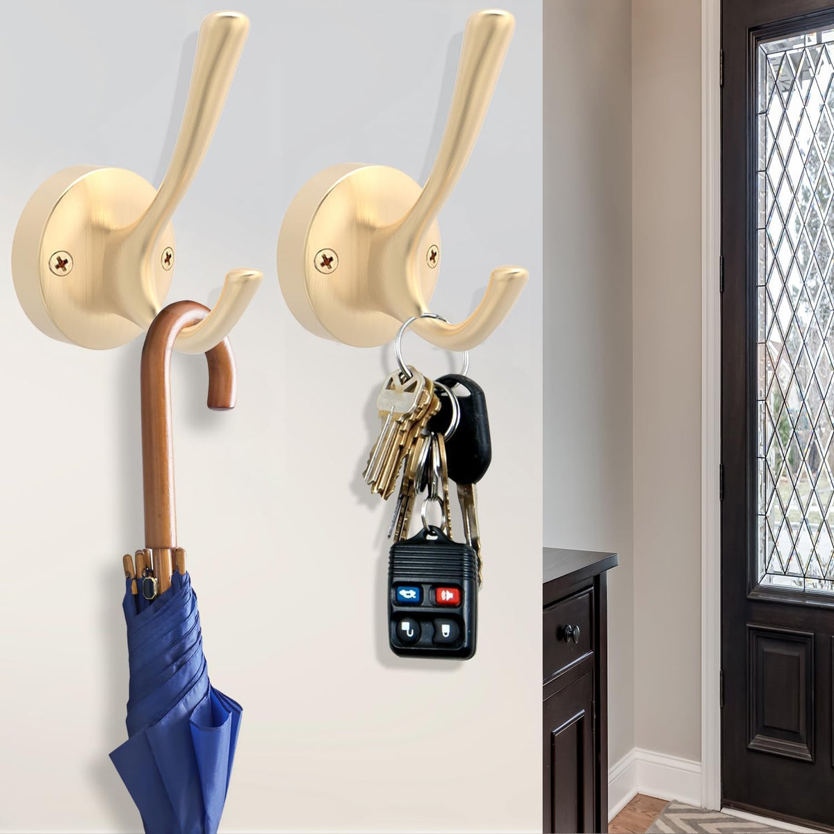Gold Hat and Coat Hooks, 4 Pack Heavy Duty Coat Robe Hook, Metal Double Backpack Hook Wall Mounted, Towel Hooks for Bathroom Entryway Cubicle Closet Garage
