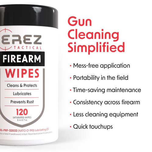 Erez Tactical Gun Cleaning Supplies: 120 Gun Cleaning Wipes, 5"x7" CLP Gun Cleaner Lubricant - Clean, Lubricate, Protect - MIL-PRF-32033 (NATO O-190) Field & Range Gun Cleaning Cloth