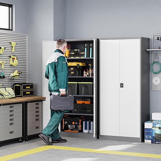 Letaya Metal Garage Storage Cabinets with Lock Door and Adjustable Shelves, Steel Tool Cabinets for Home,Office,Warehouse Organisieren (Gery White, 72" H)