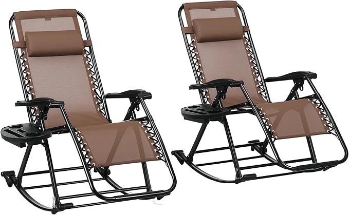 Outsunny Set of 2 Outdoor Rocking Chairs, Foldable Reclining Zero Gravity Lounge Rocker with Pillow, Cup & Phone Holder, Combo Design with Folding Legs, Brown