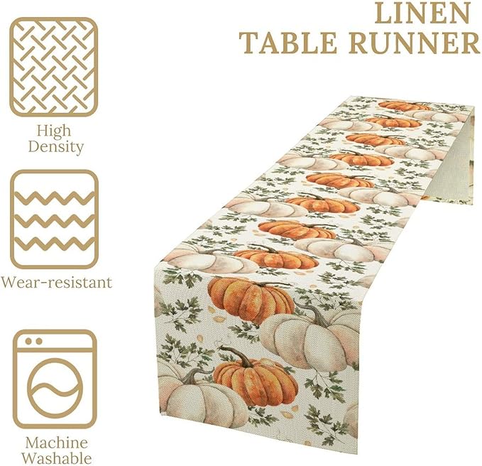 Fall Pumpkin Table Runner White Orange Vegetables Seeds Parsley Watercolor Hand-Painted Illustration Home Decor for Farmhouse Indoor Outdoor Party Holiday Dining Kitchen Restaurant Cafe W13xL60in