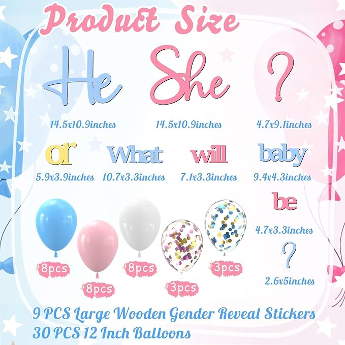 Large Wooden He or She Gender Reveal Sign Decals with 30 PCS Pink Blue Balloons 12 Inch Oh Baby Shower Sticker What Will Baby Be Backdrop Decoration Girl or Boy Sign for Pregnancy Backdrop Photo Props