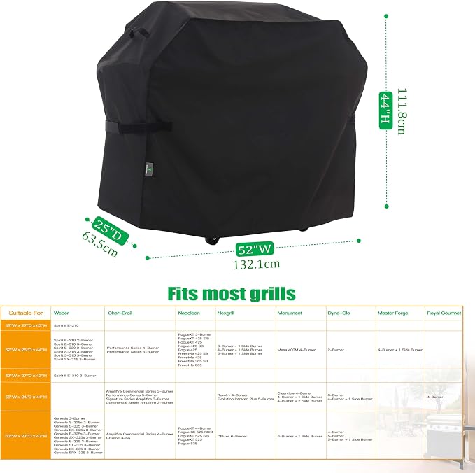 F&J Outdoors Grill Cover, Waterproof Anti-UV for 3-4 Burner Charcoal Gas BBQ, 52Wx25Dx44H in, Black
