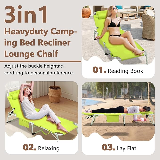 3-in-1 Heavy Duty Tanning Chair with Face Hole Adjustable 5-Position Folding Chaise Lounge Chairs Portable Lay Flat Beach Lounge Chair for Outdoor Sunbathing Patio Pool Lawn Camping Deck (Green)