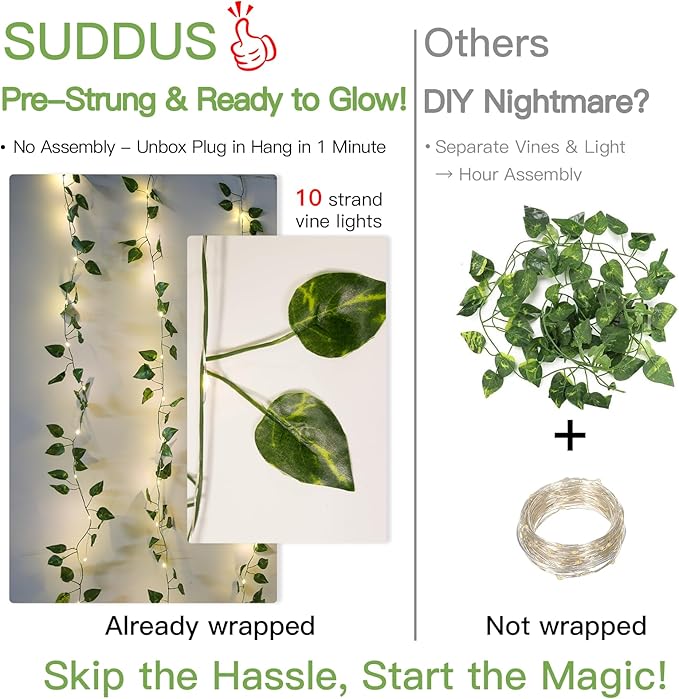 suddus 200 LED Vine with Light Plug in, 6.5ft x 6.5ft Pothos Fairy Curtain