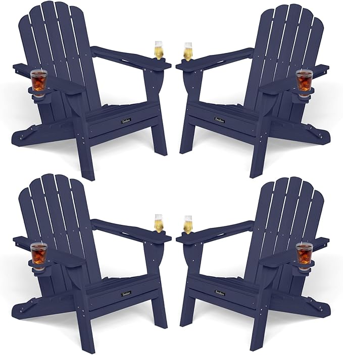 Adirondack Chairs Set of 4, Foldable Adirondack Chairs with 2 Cup Holder, Wood Texture HDPE Fire Pit Chairs, Outdoor Lawn Chair for Patio Garden, Dark NavyBlue