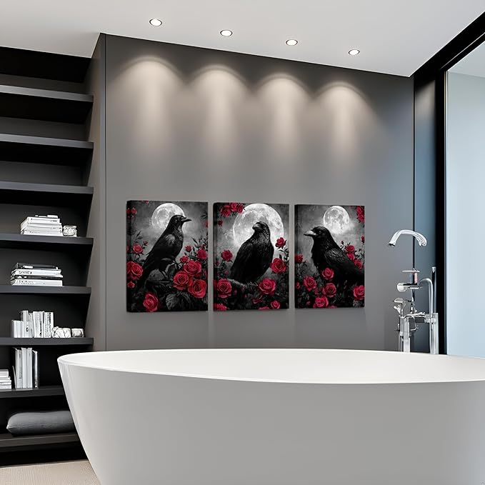 LevvArts Crow Canvas Wall Art Gothic Crow with Rose Painting Spooky Pictures Bathroom Bedroom Wall Decor (Red)
