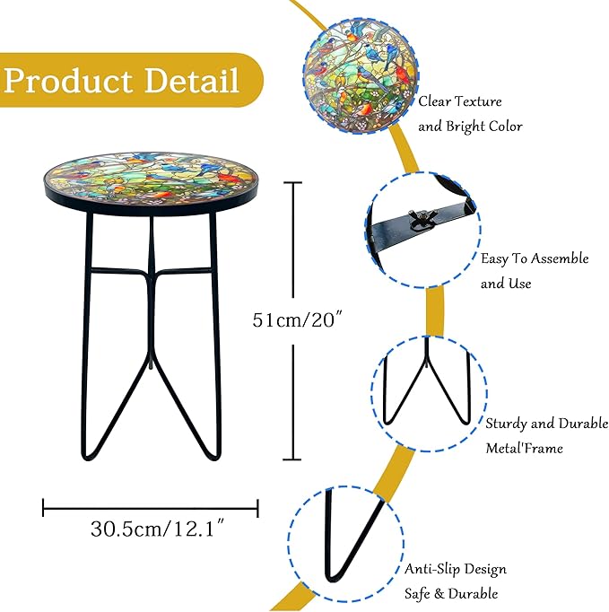 Mosaic Birds Outdoor Side Tea Table, Glass Plant Tables Indoor Decorative Metal Patio Table, Outdoor Tables Unique Furniture - Weather-Resistant Patio Valentine's Day Decor