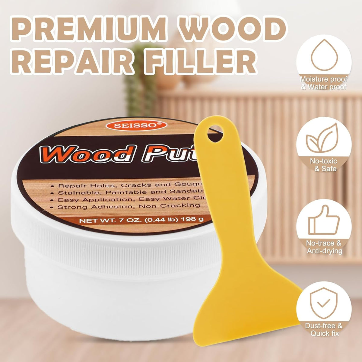 SEISSO Wood Putty, Golden Oak Wood Filler Paintable, Wood Putty Outdoor Waterproof, Wood Repair Putty Stainable, Wood Furniture Repair kit - Restore Wooden Table, Cabinet, Floors, Door