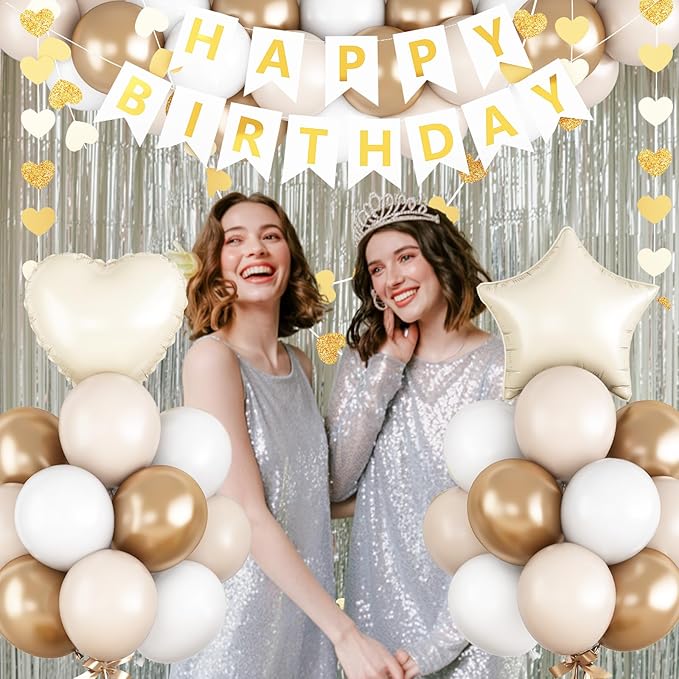 White and Gold Birthday Party Decorations for Women Girls Metallic Gold White Sand Balloon Set with Star Heart Foil Balloons Happy Birthday Bunting Banner Garland Neutral Cream Beige Party Decor Kit
