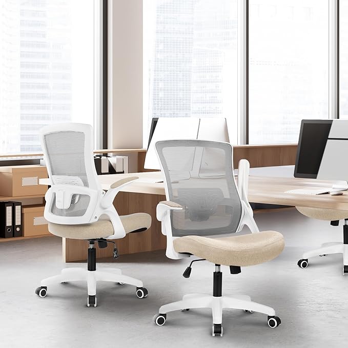 NEO CHAIR Office Desk Chair Computer High Back Mesh Gaming Seat with Ergonomic Adjustable Comfy Flip-up Armrests Lumbar Support Height for Home (Beige)