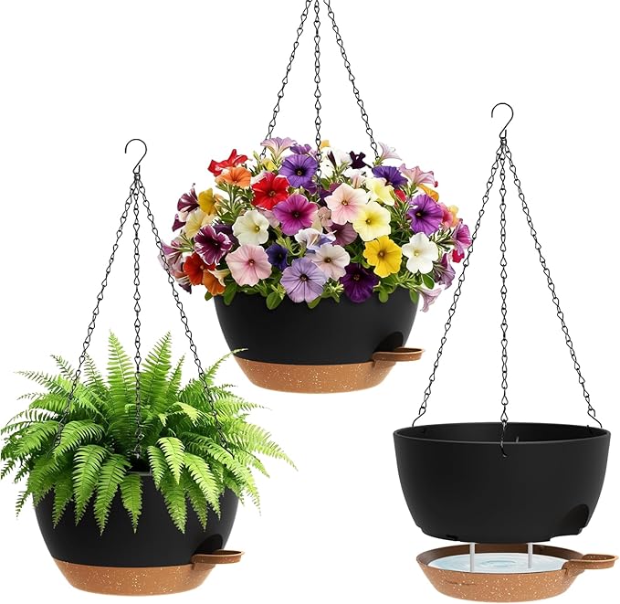 UOUZ Set of 3-10 Inch Self Watering Hanging Planters for Indoor Outdoor，Hanging Plant Pots with Drainage & Removable Tray, Hanging Pots Holder for Ivy, Pothos, Ferns, Balcony & Patio, Black with Brown