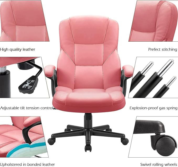 Furmax Office Executive Chair High Back Adjustable Managerial Home Desk Chair, Swivel Computer PU Leather Chair with Lumbar Support (1, Pink)