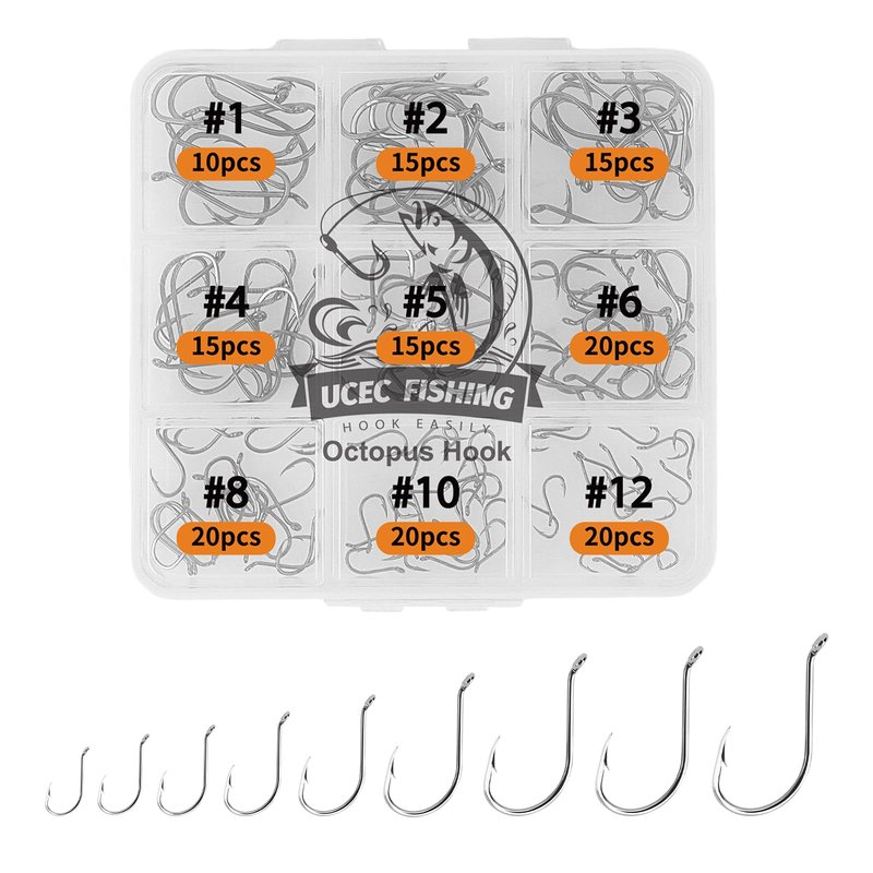 UCEC Small Fishing Hooks Freshwater, 150PCS Barbed Octopus Hook Kit, Catfish Circle Hooks Saltwater Fishing Hook Set High Carbon Steel Size #1#2#3#4#5#6#8#10#12