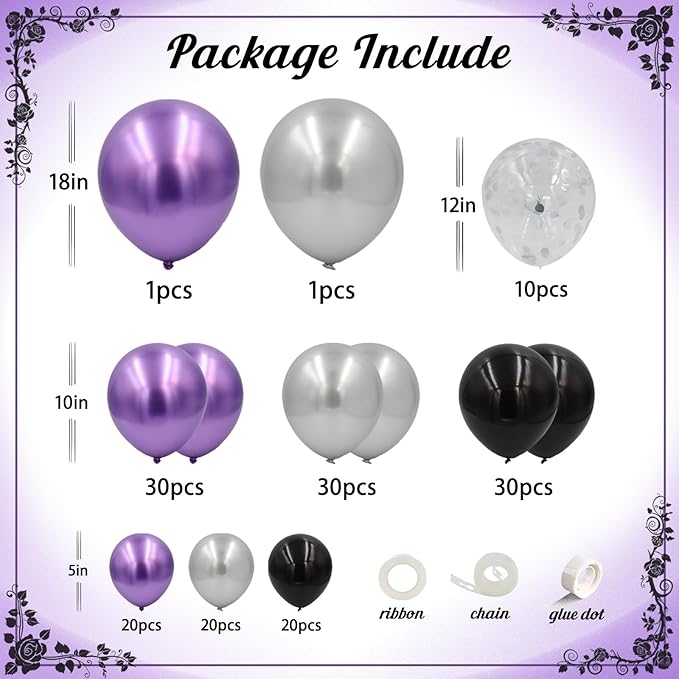 162pcs Purple and Black Balloons Garland Arch Kit, Metallic Purple Silver Black and Confetti Balloons in Different Sizes for Halloween Wednesday Vampire Theme Birthday Party Decorations