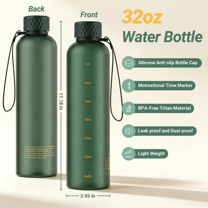 Sursip 32 oz Motivational Water Bottle with Time Marker, 1 Pack – Slim Tritan Water Bottles with Strap, Leakproof & Shatterproof Gym Bottles, Fits Cup Holder for Travel, School & Daily Hydration