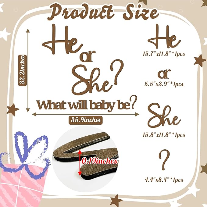 Large Gender Reveal Decals for Backdrop Wooden Baby Shower Sign He or She What Will Baby Be Balloon Arch Decor Gender Reveals Welcome Sign Girl or Boy Party Stickers Pregnancy Party Banner Photo Props