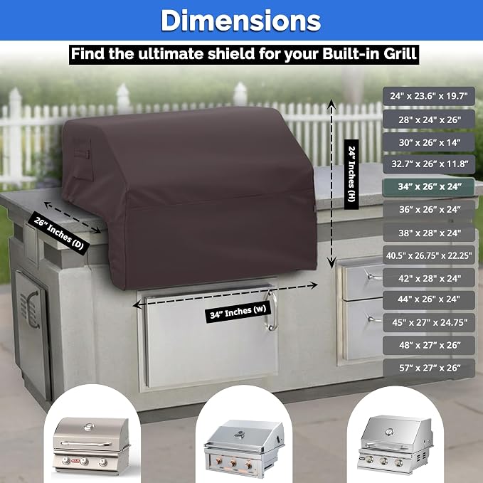 Covers & All Built-in Grill Cover for Outdoor Grill – Heavy Duty 12 oz Waterproof Built-in BBQ Grill Cover, PVC-Coated Polyester with Elastic Hem for Snug Fit (34 x 26 x 24 inches, Coffee)