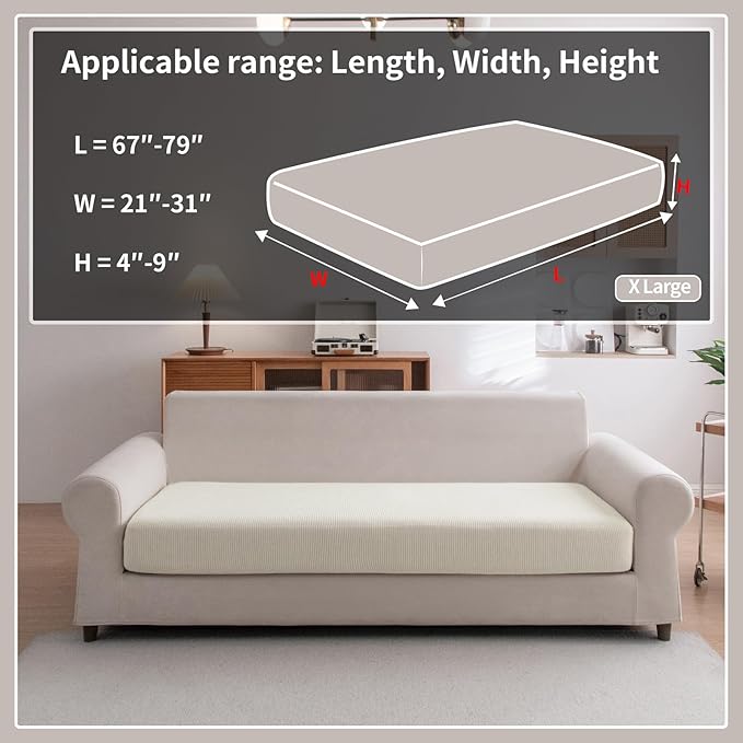 OHSIO Sectional Couch Covers, Wear Resistant Stretch Sofa Covers Washable Soft Couch Cushion Covers Anti Slip Furniture Protector Sofa Slipcovers for Pets (1 Piece Oversized Sofa Cushion, Ivory)