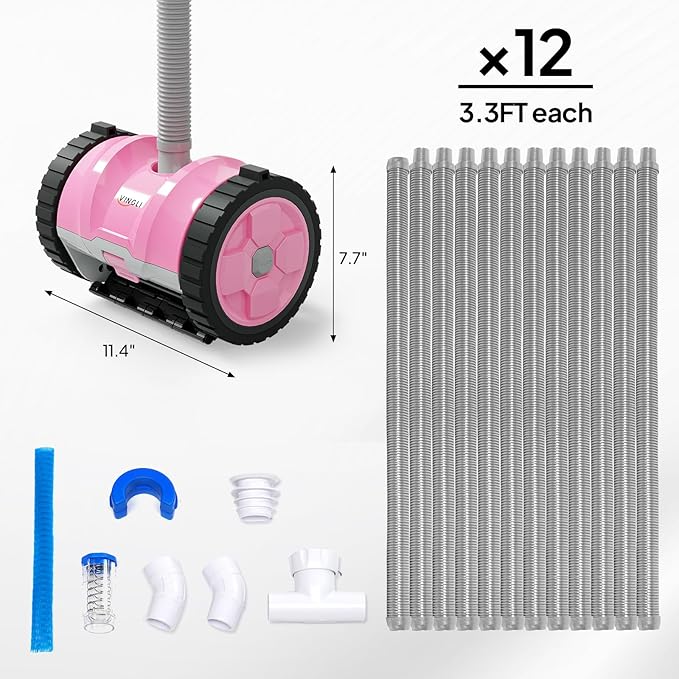 (2025 Upgrade) VINGLI Pool Vacuum Cleaner, Suction Side Wall-Climbing Sweeper for Ground&Inground Pools, Automatic Pool Vacuum with 39.6ft Tangle-Free Hose (Comfort Pink&Gray)