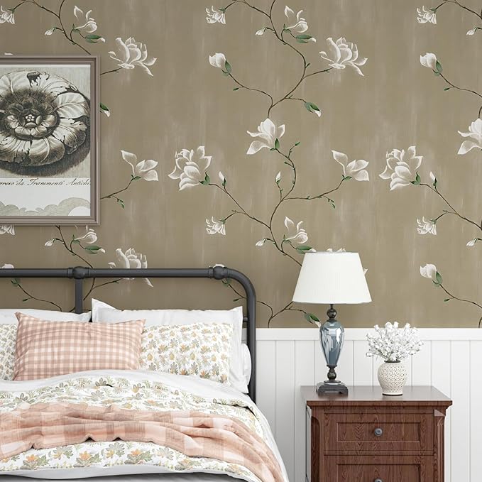 Laatse Floral Wallpaper Peel and Stick 17.5" x 393" Khaki Floral Contact Paper