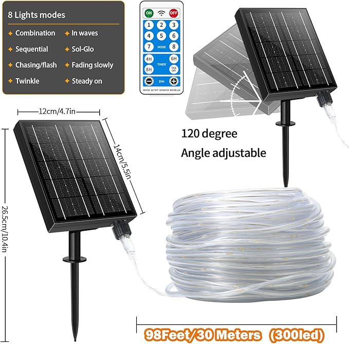 LairtPOW Solar Rope Lights 98FT Waterproof 300LEDs, Rechargeable Solar String Light with Remote Control,Outdoor Palm Tree Holiday Lights for Pathway Pool Patio Party Garden Yard Balcony (Multi Color)