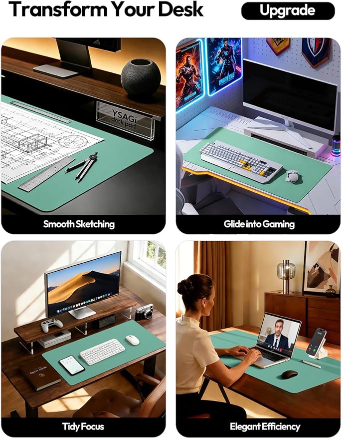 YSAGi Leather Desk Protector, Office Mat, Large Mouse Mat, Non-Slip PU Leather Blotter, Laptop Desk, Waterproof Writing Pad for Office and Home (Green-Blue, 35.4" x 17")