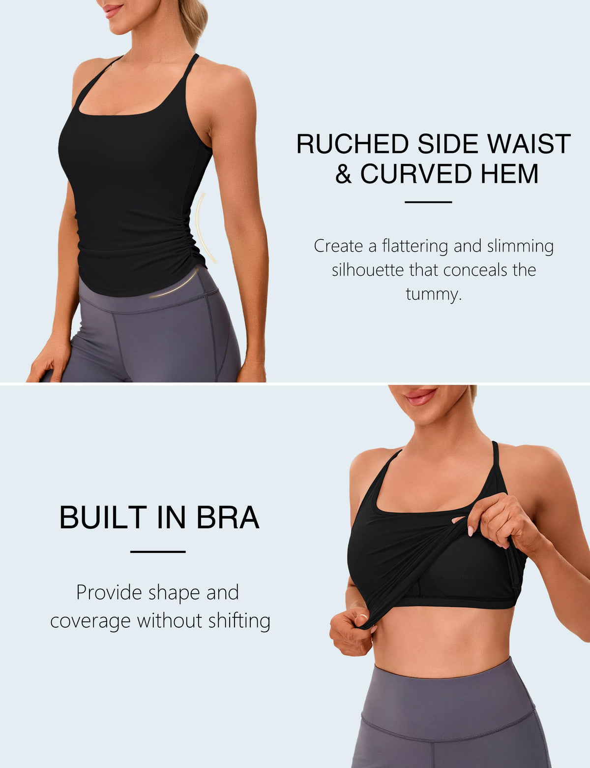 BMJL Womens Workout Tank Tops Built in Bra Ruched Gym Tops Racerback Athletic Yoga Shirts(S,Black)