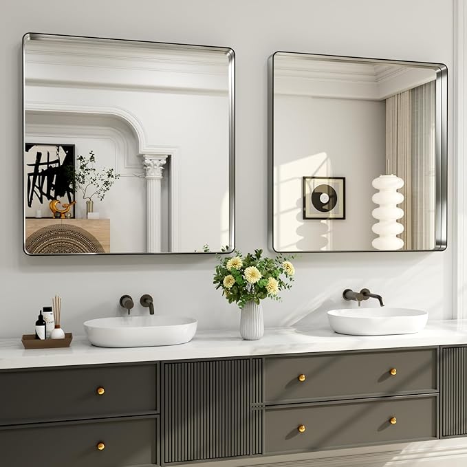 LOAAO 30X30 Inch Brushed Nickel Bathroom Mirror, Rounded Rectangle Silver Metal