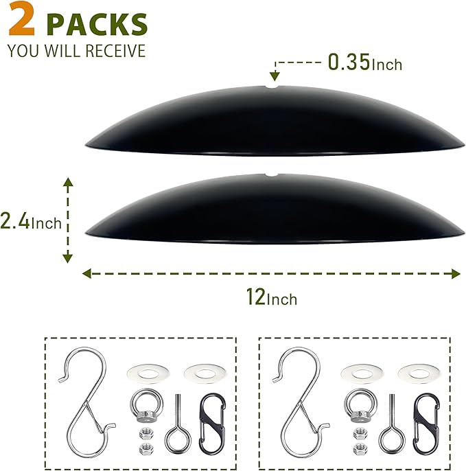 12" Bird Feeder Dome, Hummingbird Feeder Rain Guard,Weather Cover in Outdoors,Squirrel Baffle for Hanging Feeders, (Black),2 Pack