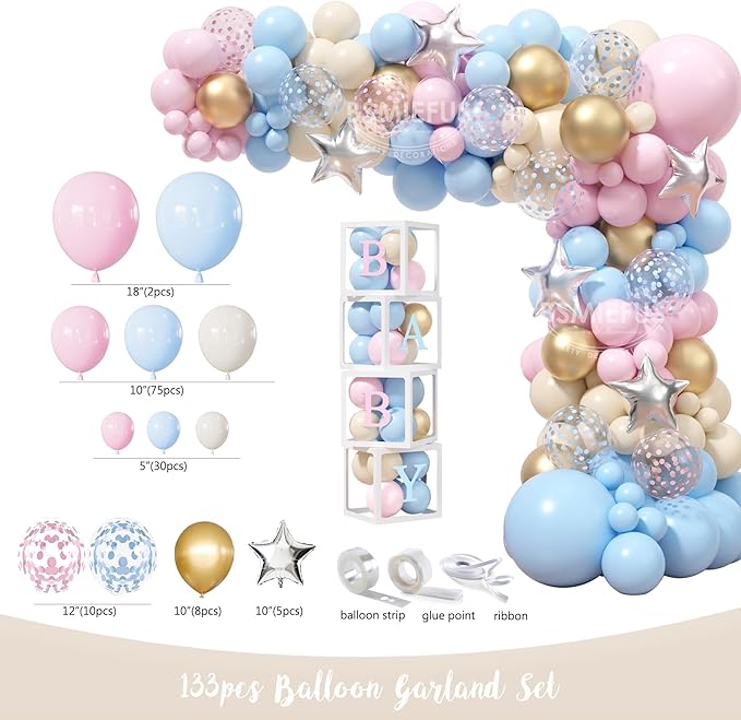 Bear Gender Reveal Decorations, He or She Baby Gender Reveal Party Decoration, Boy or Girl Bear Theme Party Supplies, Backdrop BABY-Box Tablecloth Mom to Be Sash Dad to Be Pin Balloon Arch