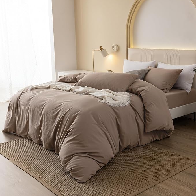 JIYUAN 100% Washed Cotton Duvet Cover Set 3 Pieces Queen, 1 Duvet Cover 90x90 Inches(Comforter Not Included) and 2 Pillowcases,Linen Feel Bedding Set Comfy and Breathable,Light Brown