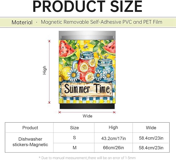 Summer Time Kitchen Decor Dishwasher Magnet Cover, Watermelon Lemonade Magnet Refrigerator Cover Panel Decal, Daisy Home Cabinet Sticker Bee Fridge Magnet Sticker 23" W x 17" H Magnetic
