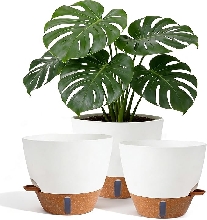 8/9/10 Inch Large Self Watering Pots, Plastic Flower Pots with Multi Mesh Drainage Holes and Water Level Indicator & Deep Reservoir for Indoor Outdoor Garden Plants and Flowers (White)
