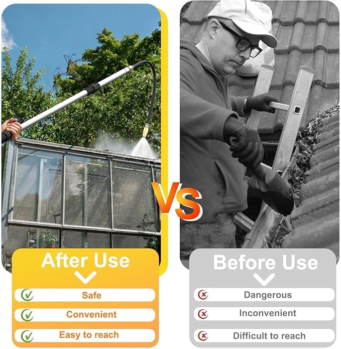 Gutter Cleaning Tools from The Ground, 12FT(20FT Reach) Rain Cleaner with Bendable Wand and Quick Connect Adapter for Garden Hose